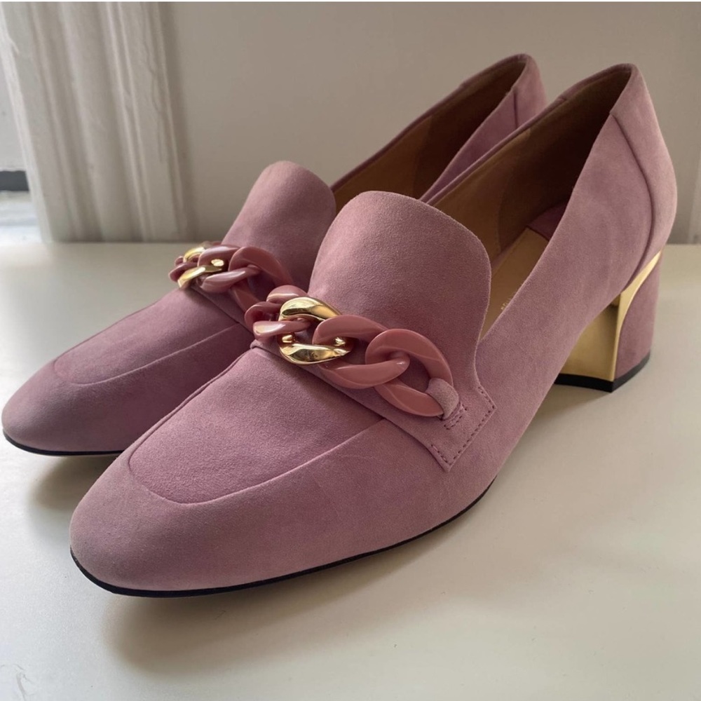 Cole Haan Collection Chain Pink Suede Heel Loafers sz 9 - Picture 5 of 15